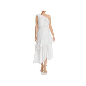 WAYF white one shoulder textured dot ruffled Erika dress with tiered skirt